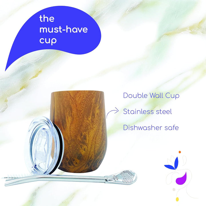 Set Tasse Yerba Maté | Argentinien | Kalebasse + Bombilla Strohhalm + Deckel | ideale Trinkflasche z
