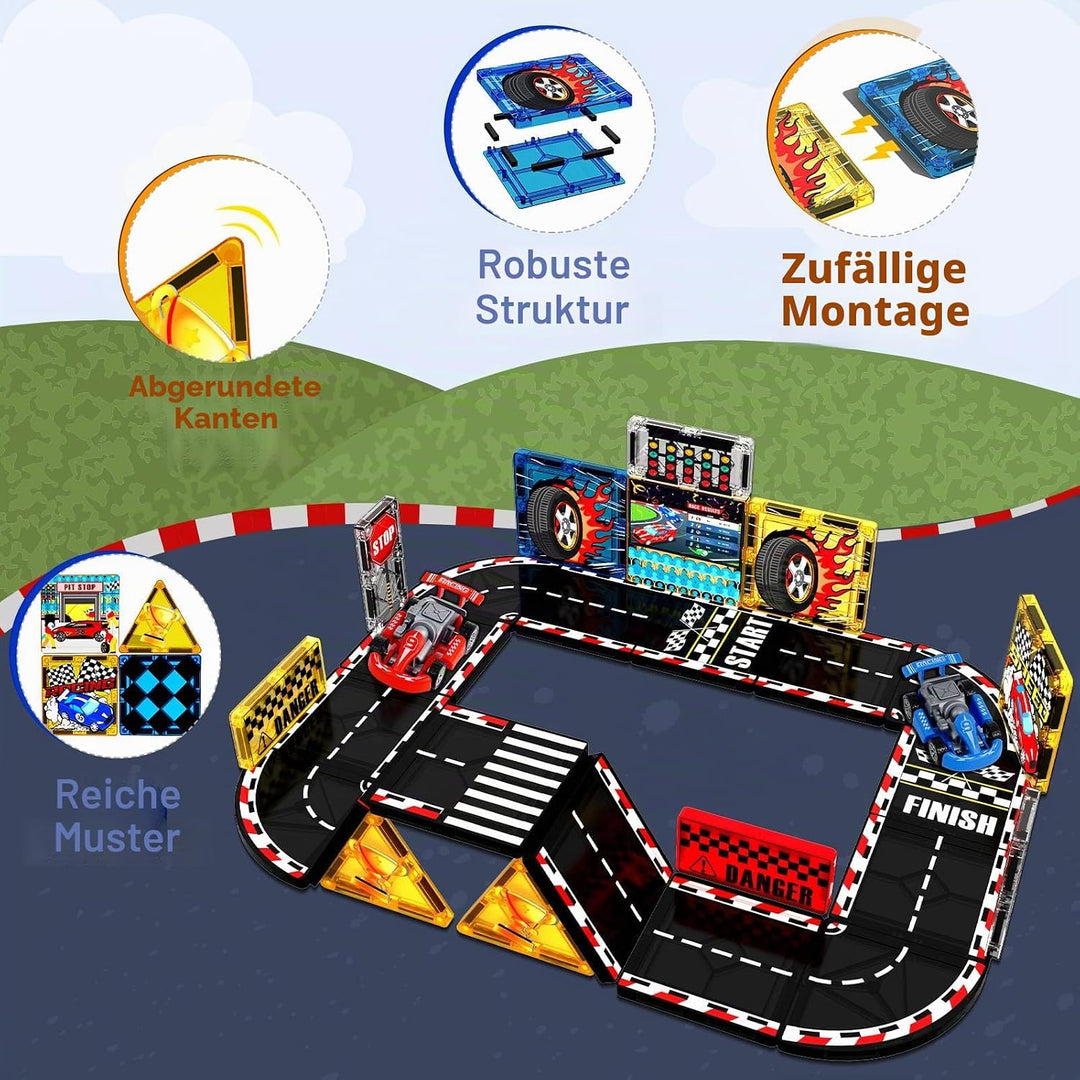 Magneverse Magnetische Bausteine Rennbahn Set mit 2 Autos – 34PCS Magnetbausteine Autorennen Spielze