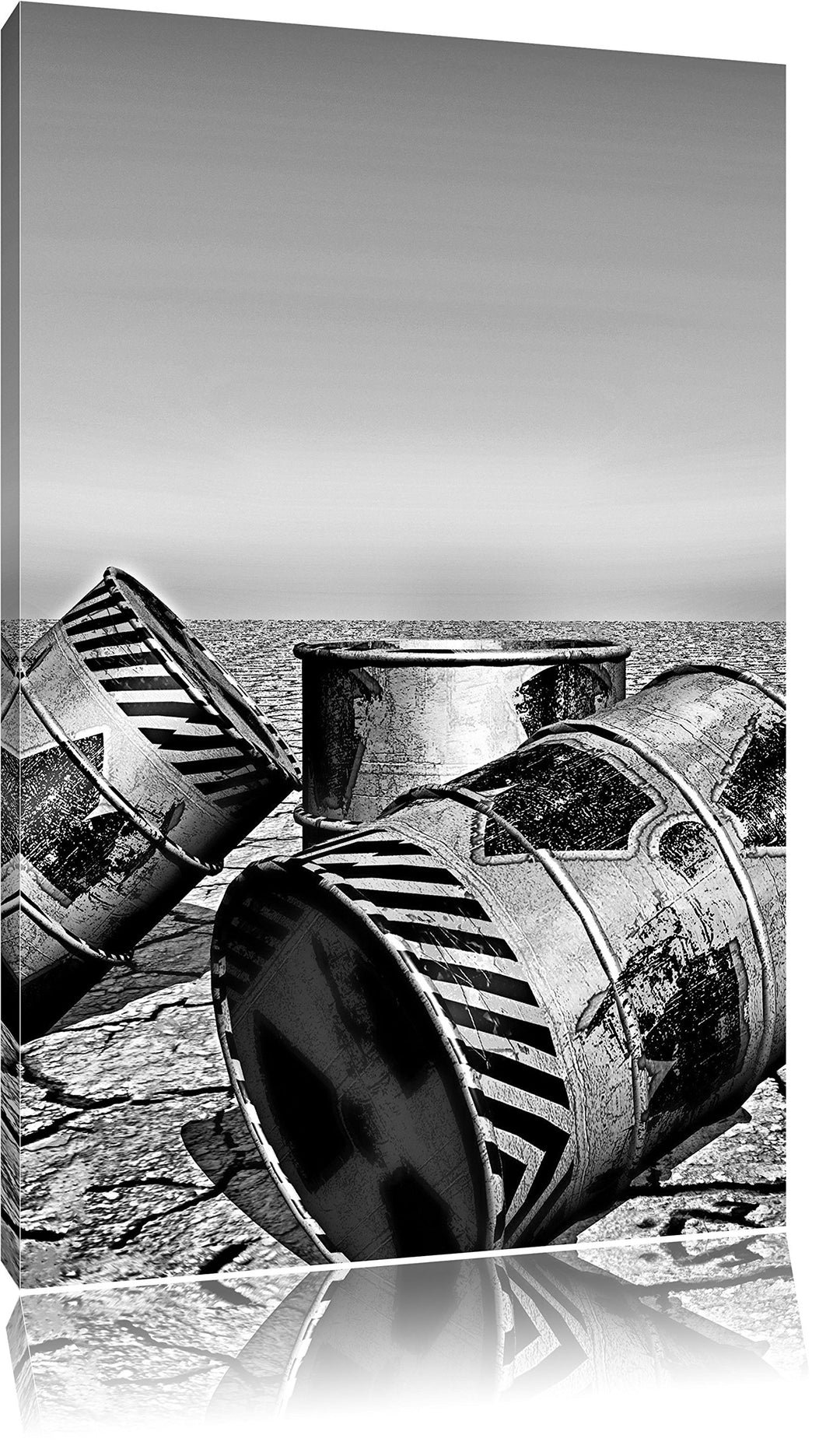 Pixxprint Monocrome, Atommüllfässer in ausgetrockneter Wüste, Format: 100x70 auf Leinwand, riesige B
