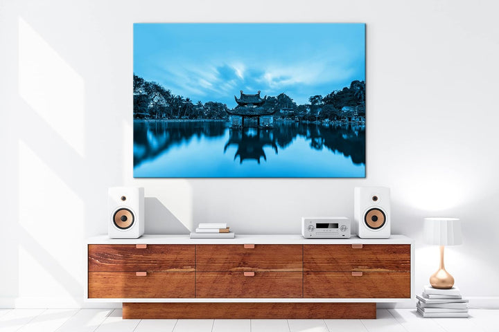 deyoli Vietnam Tempel in Pagoda Format: 80x60 Effekt: Monocrome Blau als Leinwand, Motiv fertig gera