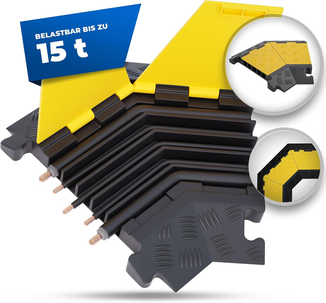 5 Kanal Ecke 45° Kabelbrücke mit Deckel überfahrbar Stolperschutz Rampe Brücke Protektor | 15 t Trag