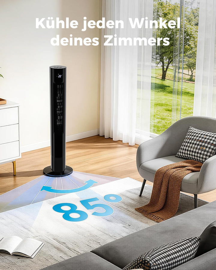 YASHE Leiser Turmventilator 110 cm mit Fernbedienung, 28 dB Säulenventilator ohne Flügel, 85° Oszill