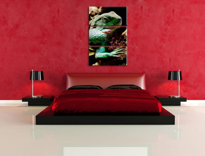 Dark grosses grünes Chamäleon NewArt 3-Teiler Leinwandbild 120x80 Bild auf Leinwand, XXL riesige Bil