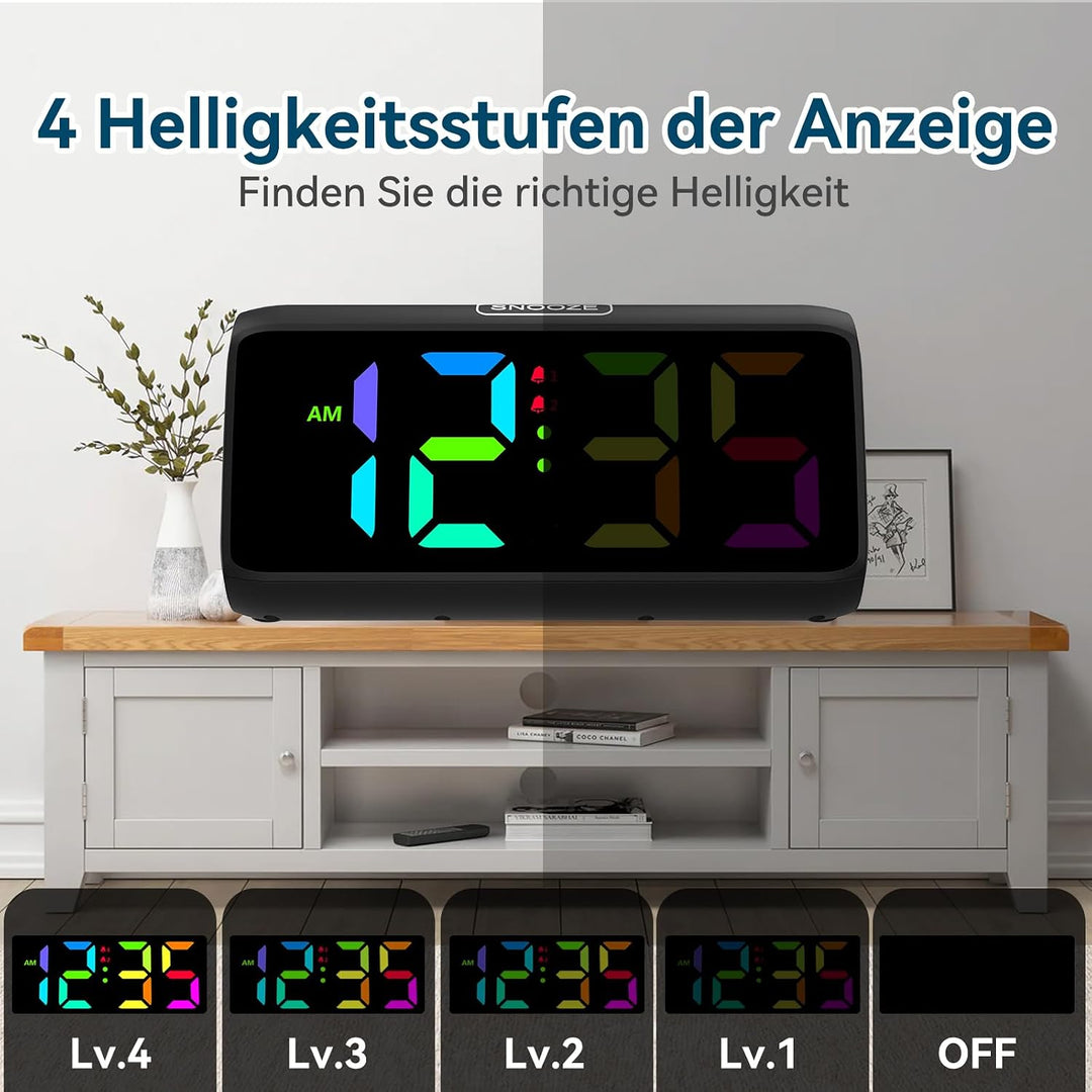 Lauter Wecker für Tiefschläfer, Wecker Digital mit Bunte Display, Doppelalarm, 5 Helligkeitsdimmer,