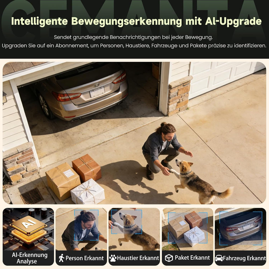 4MP Überwachungskamera Aussen Akku - 2,4G/5GHz WLAN, Kostenlosem Cloud-Speicher, IP66 wetterfest, AI