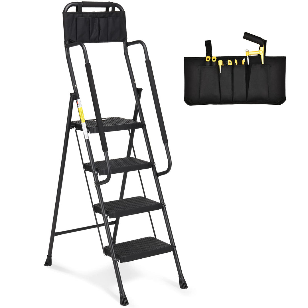 HBTower Leiter 4 Stufen, Trittleiter mit Handläufen, klappbarer Tritthocker mit ansteckbarer Werkzeu