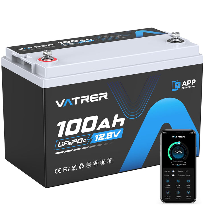 12V 100AH Bluetooth LiFePO4 Lithium Batterie mit 100A BMS 5000 Zyklen Lithium Akku 1280W Abschaltsch