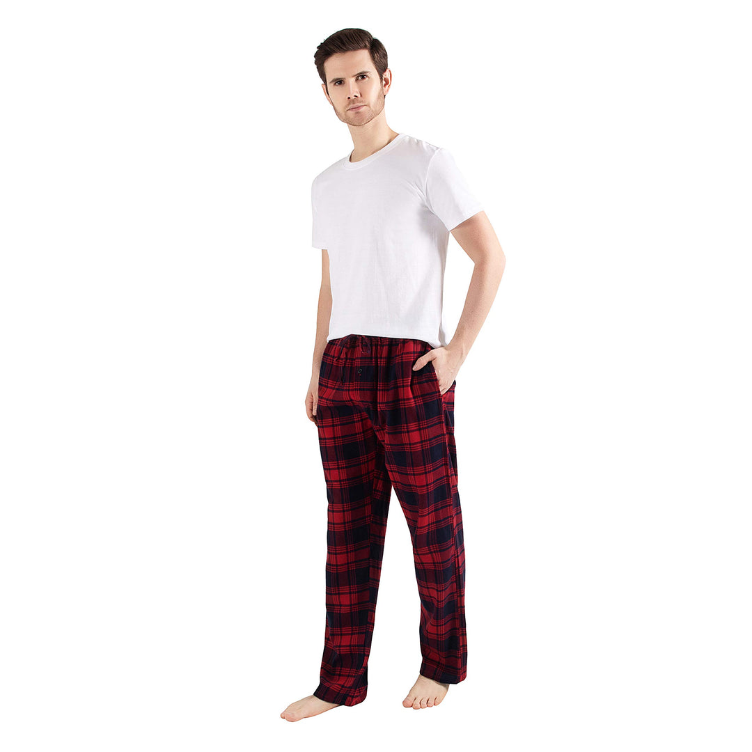 Herren 100% Baumwolle Flanell Bequeme Pyjama/Lounge Bottoms mit Taschen M Navy Red Plaid, M Navy Red