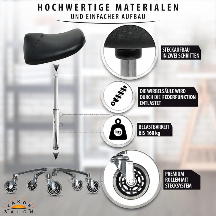 Premium Sattelhocker, Sattelstuhl für Rückenentlastung, Rollhocker höhenverstellbar von 55-75 cm Dre
