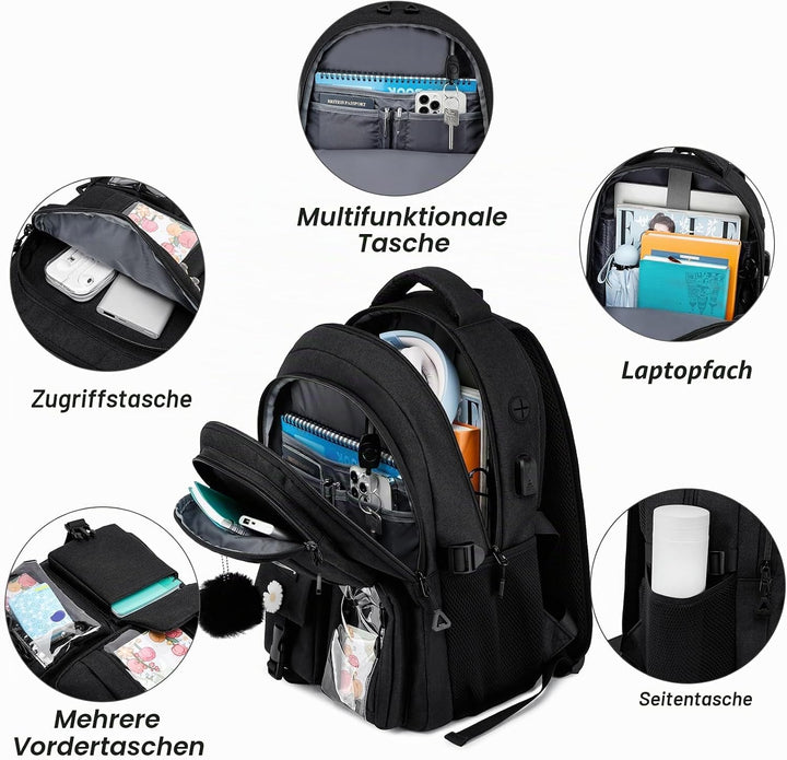 Schulrucksack Mädchen Rucksack Damen 15,6 Zoll Laptop für Uni, Schultasche Schulranzen mit USB Ladea