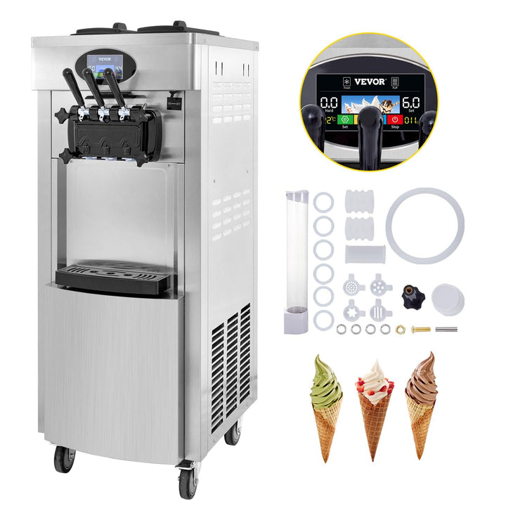 Kommerzielle Eismaschine, 20–28 L/h Leistung, 2200 W, Freistehende Softeismaschine mit 3 Geschmacksr