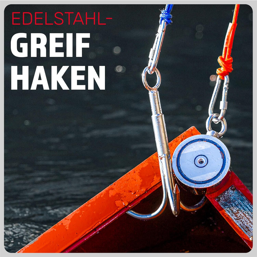 Magnetfischen Mega Set - 700 KG (2 x 350KG) - Ø94mm - Neodym Magnet mit 2 Seilen, Greifhaken & Hands