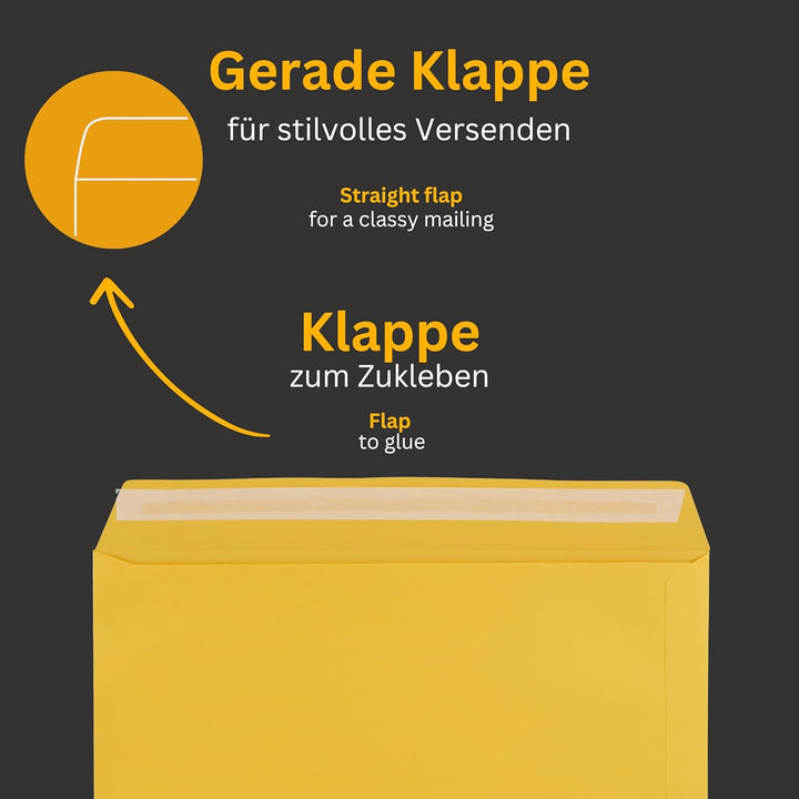 50 Stück, Farbige Briefumschläge, DIN C4, Haftklebung mit Abziehstreifen, Gerade Klappe, 130 g/qm Co
