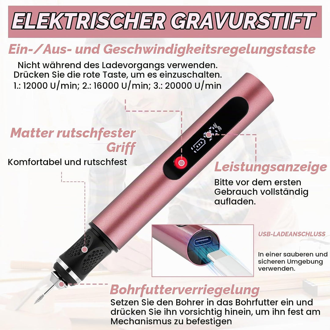Flintronic Gravierstift, Kabelloser Elektrischer Gravierstift mit 30 Bits, Mini Gravierwerkzeug 3-Ga