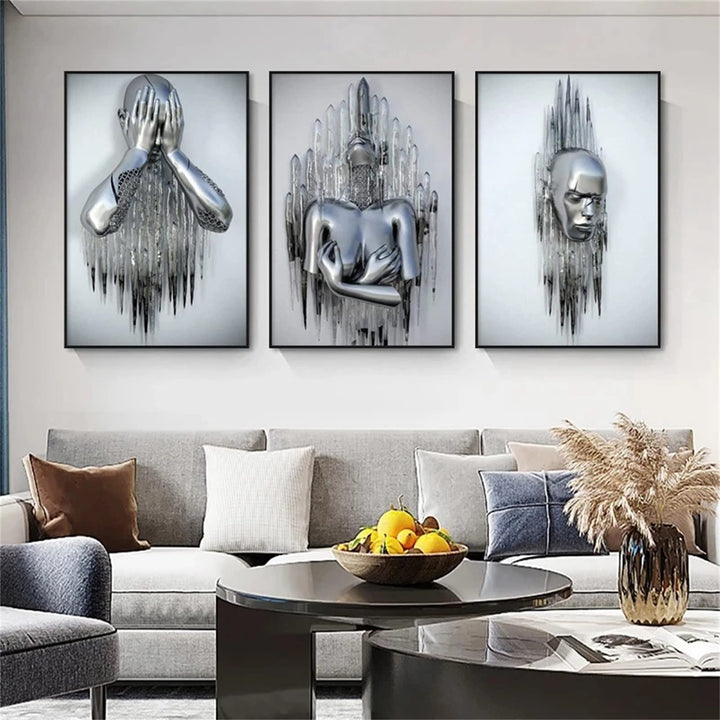 SWECOMZE 3er Kunst Modern Poster Set - 3D Metallfigur Statue Kunst Liebe Herz Kuss Bilder Wandkunst