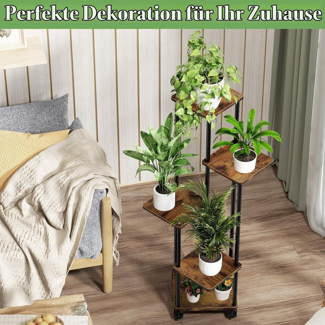 Blumenständer Pflanzenständer 5 Tier Holz, Pflanzenregal Mit Abnehmbaren Rollen, Modernes Blumenrega
