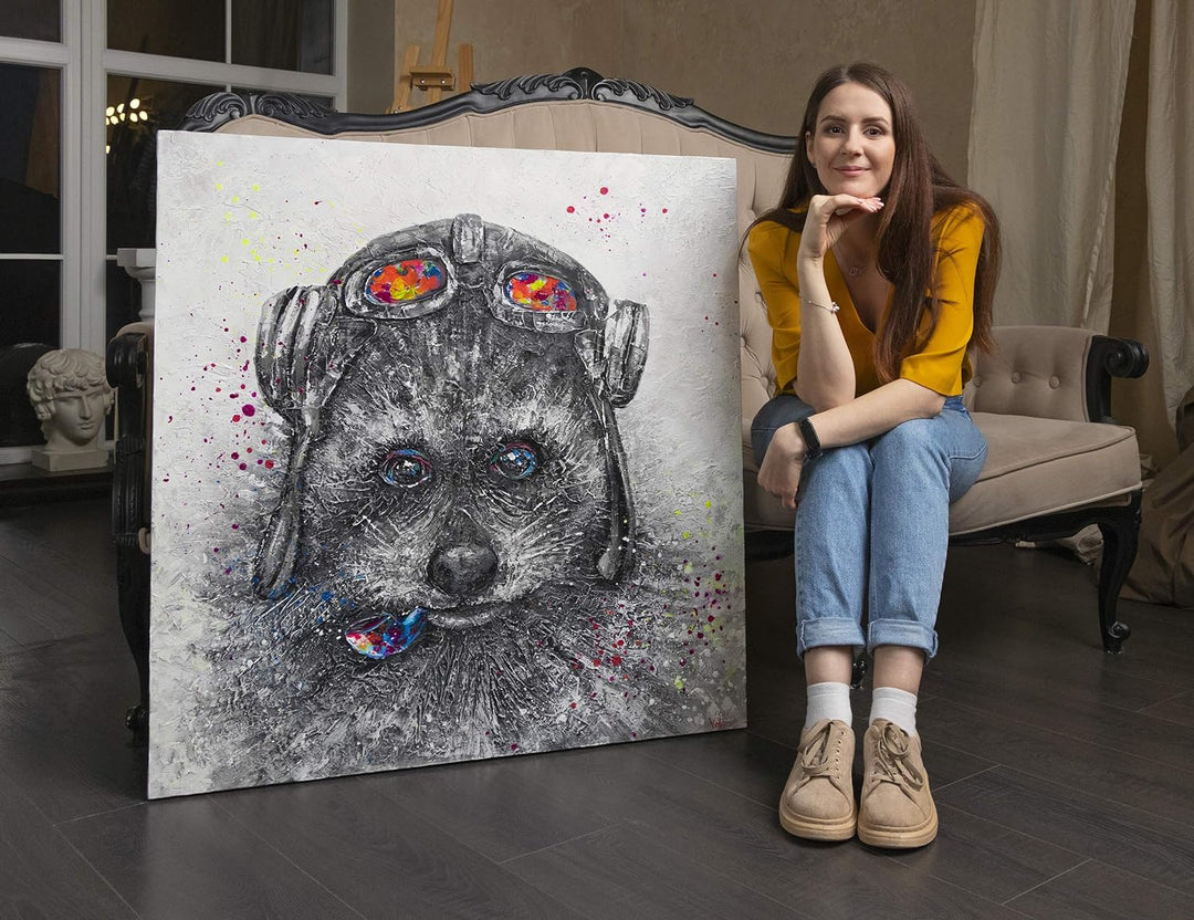 YS-Art XXL Abstrakt Acryl Gemälde auf Leinwand Waschbär lustig handgemalt Wandbilder Wohnzimmer Kind