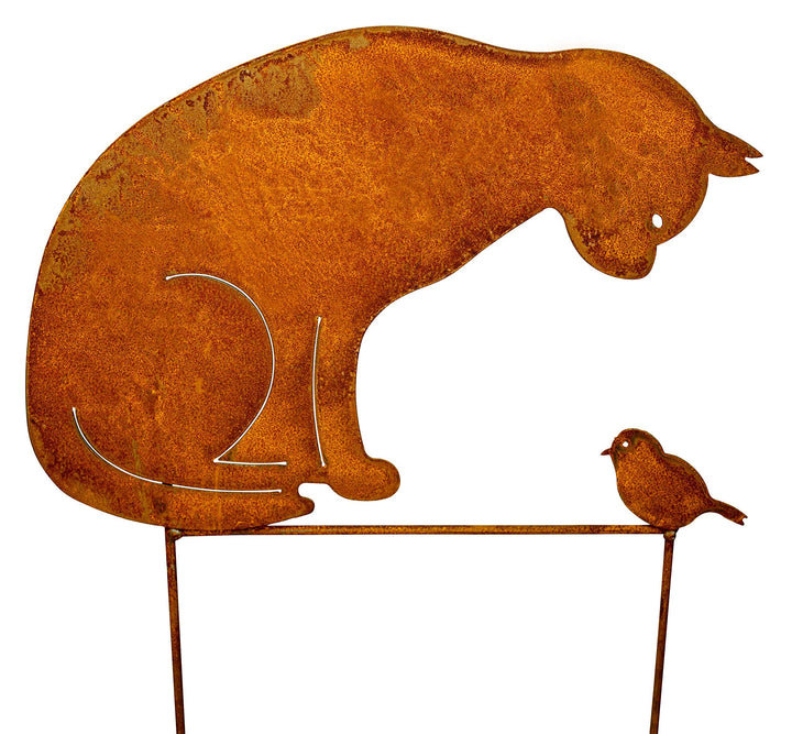Manufaktur-Lichtbogen Rost Gartenstecker Katze und Vogel 50x43cm Edelrost Gartendekoration