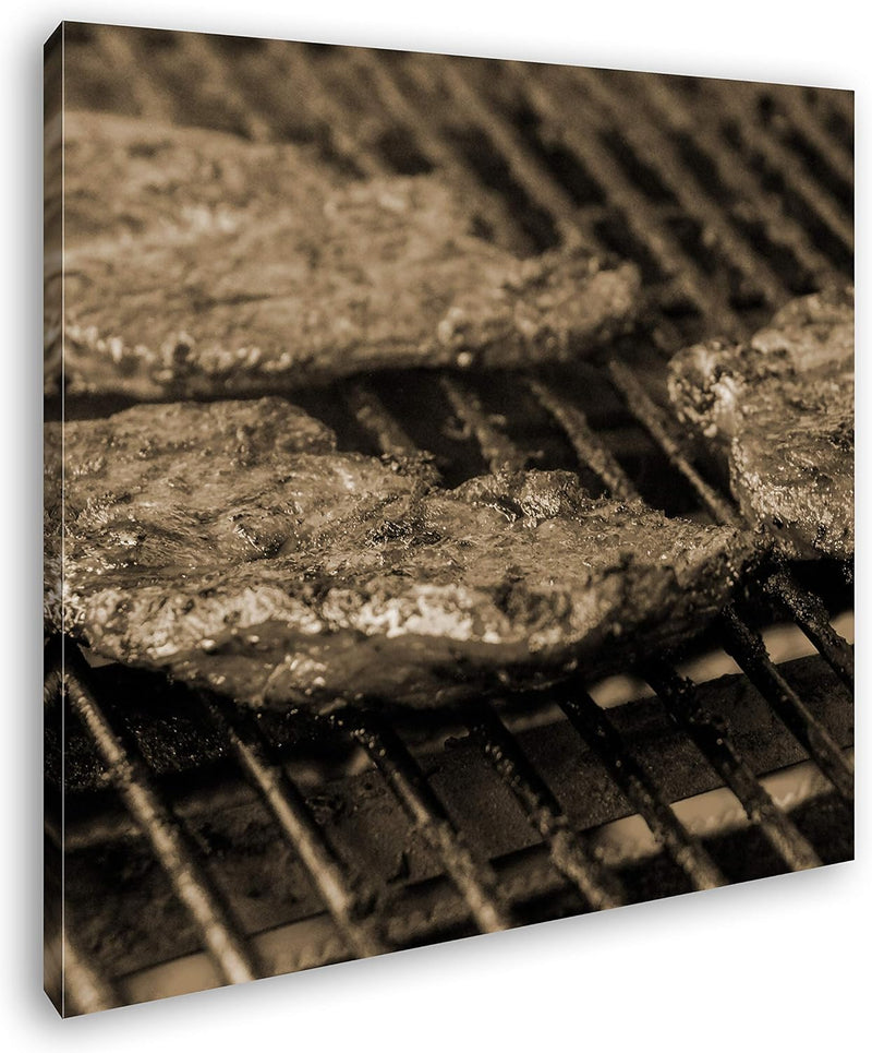 appetitliche Steaks auf dem Grill Format: 60x60 Effekt: Sepia als Leinwandbild, Motiv auf Echtholzra