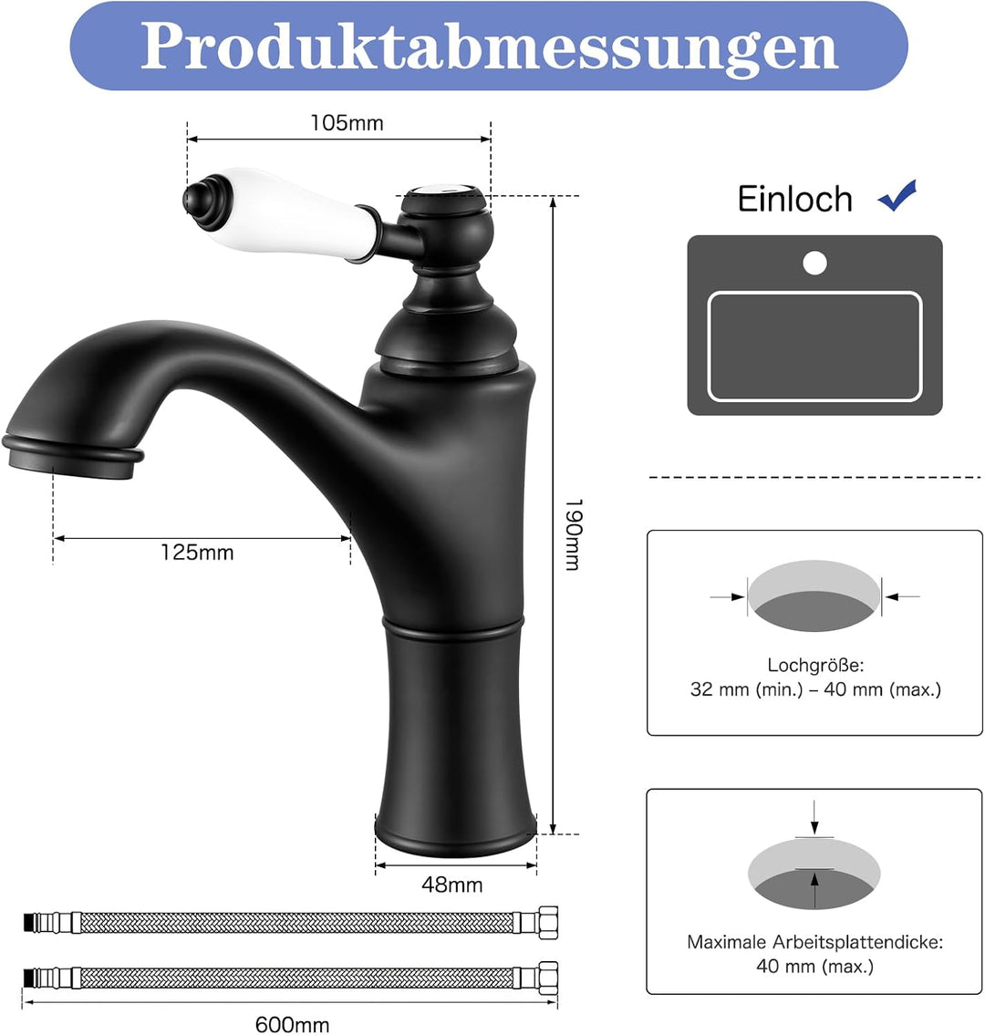 Rehomthy Wasserhahn Bad Schwarz, Waschtischarmatur Mischbatterie Waschbecken Armaturen, Einhebel-Bad