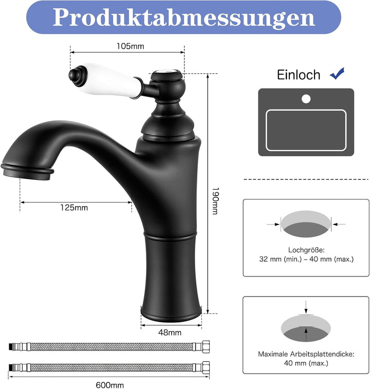 Rehomthy Wasserhahn Bad Schwarz, Waschtischarmatur Mischbatterie Waschbecken Armaturen, Einhebel-Bad