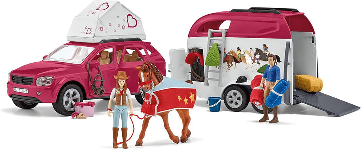 SCHLEICH 42535 Abenteuer mit Auto und Pferdeanhänger, 42593 Wohnwagen geheime Club-Treffen, für Kind