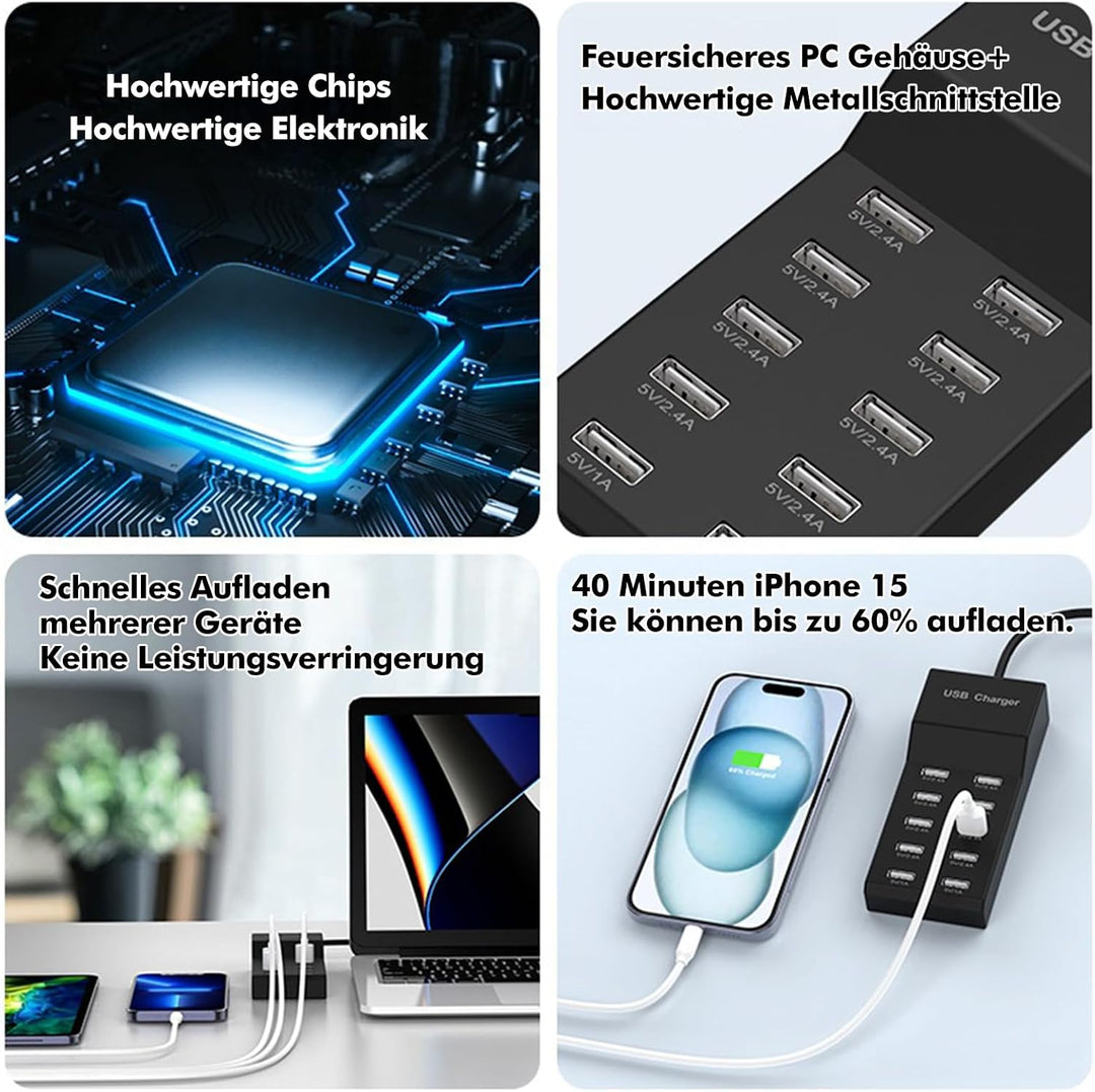 USB Ladegerät Mehrfach 10 Port, 50W USB Stecker Multi Hub Ladestation, Mehrfachstecker Adapter Kmpat