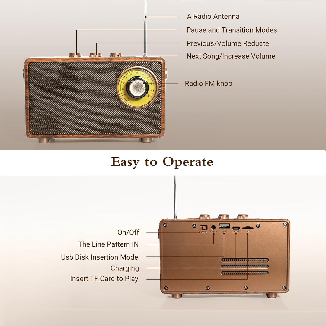 COLSUR Klassischem Retro Bluetooth Lautsprecher,Outdoor Holz Tragbarer Lautsprecher mit Nostalgie Vi