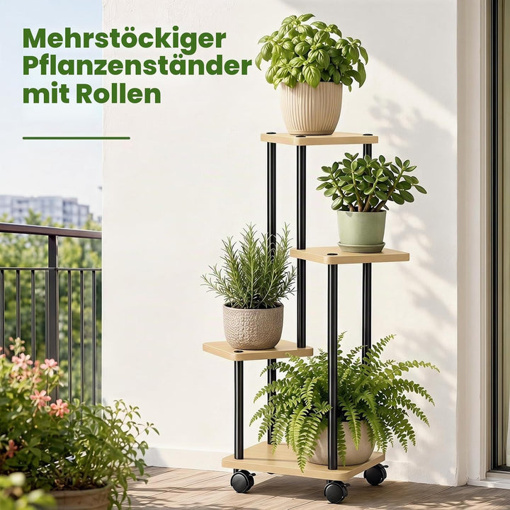 Blumenständer mit Rollen, 4 Etagen Pflanzenständer aus Metall und Holz, Platzsparend Indoor Pflanzen