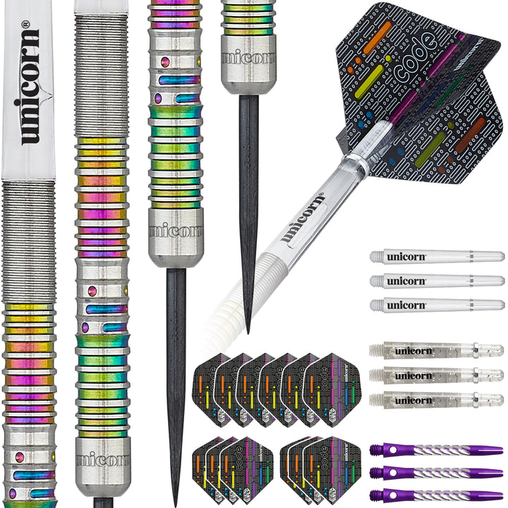 Unicorn Steel Tip Darts Set | James 'The Machine' Wade Code | 90% Natural Tungsten Barrels with Mult