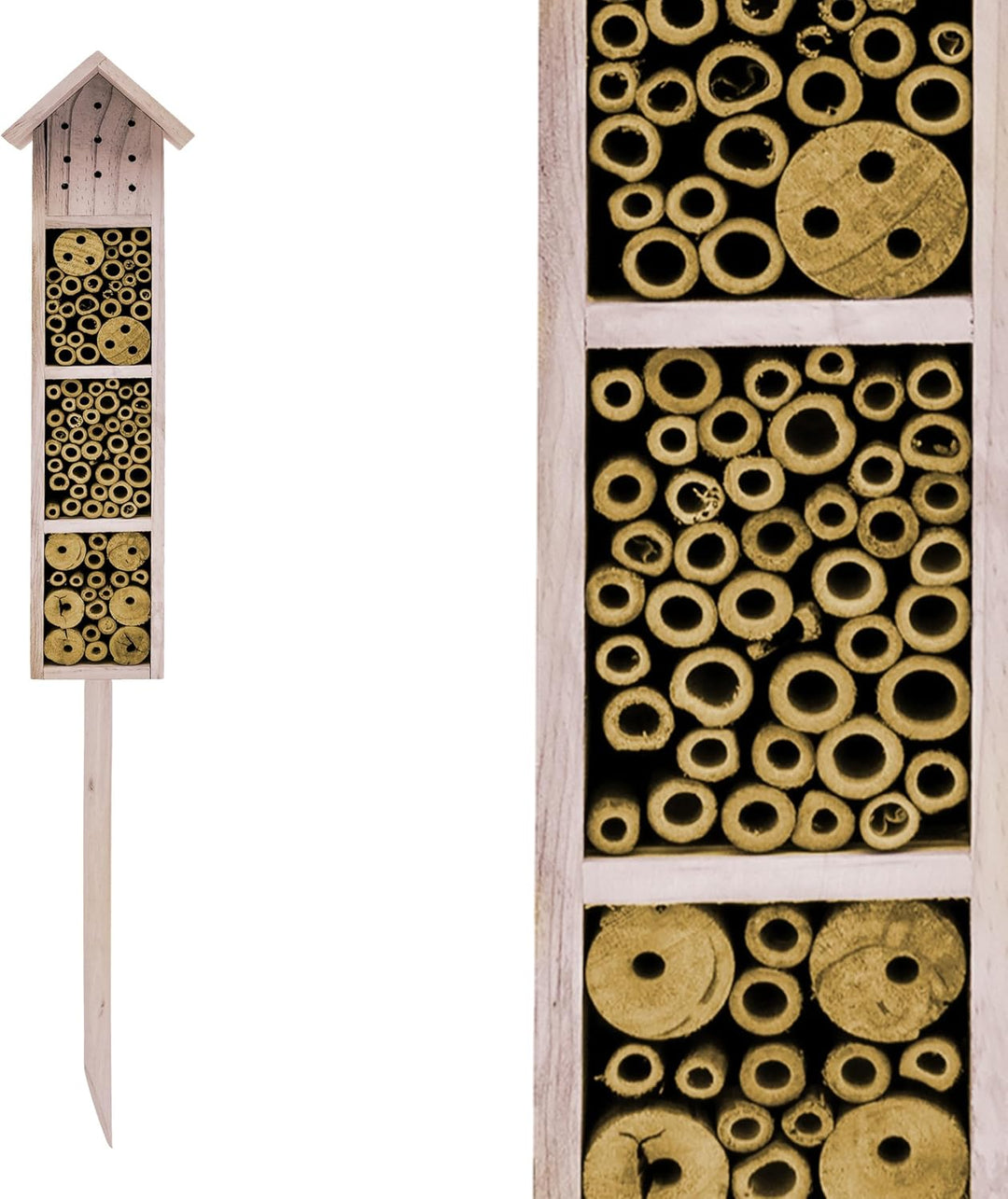 Holz Insektenhotel mit Erdspiess 78 cm - beige - Garten Deko Insektenhaus zum Aufstellen - Bienenhot