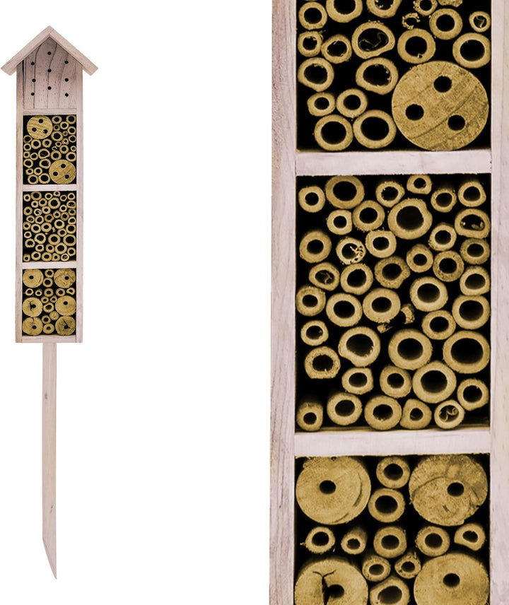 Holz Insektenhotel mit Erdspiess 78 cm - beige - Garten Deko Insektenhaus zum Aufstellen - Bienenhot