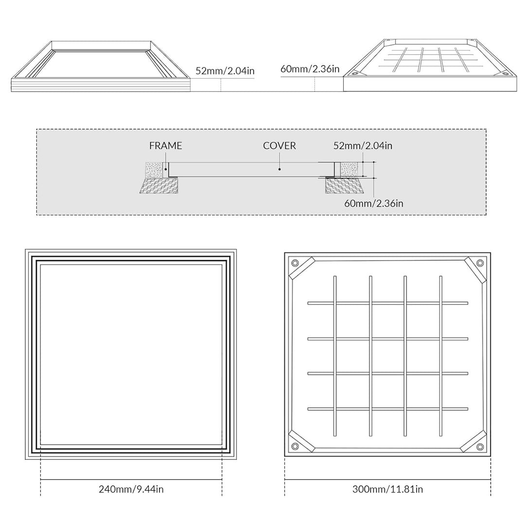LIROPAU Schachtabdeckung 300x300mm Aluminium Versenkte Schachtdeckel, Eingebettete Schachtabdeckung