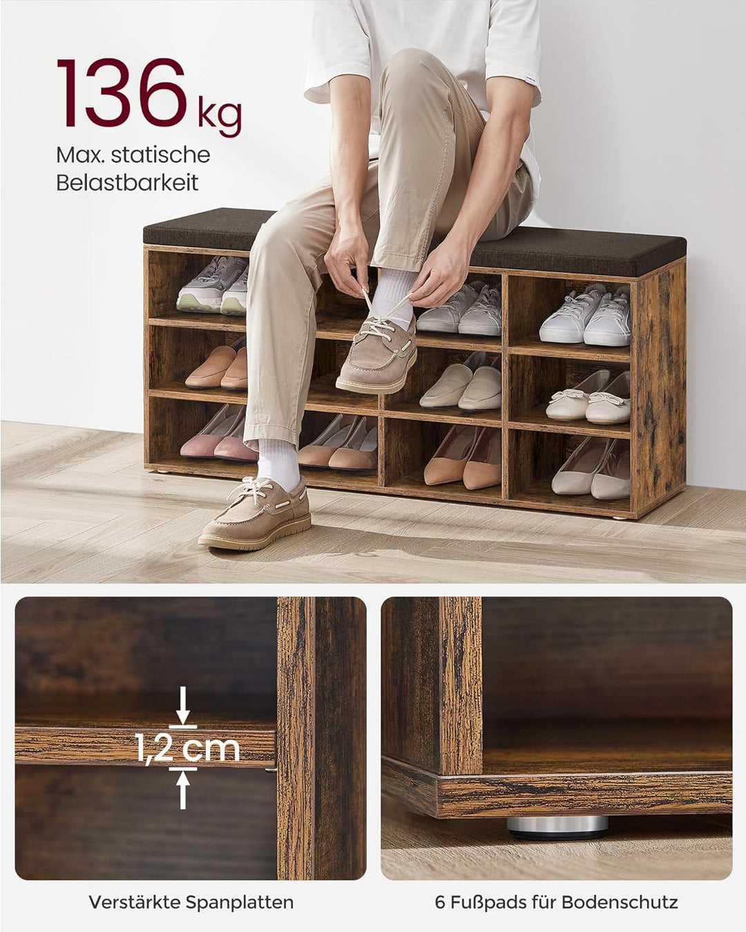VASAGLE Custos Kollektion - Schuhbank, Schuhregal mit Sitzfläche, Sitzbank mit Stauraum, Kissen, 12