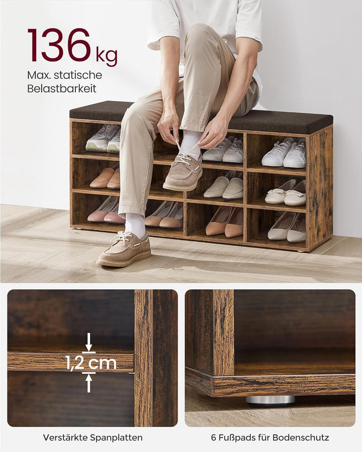VASAGLE Custos Kollektion - Schuhbank, Schuhregal mit Sitzfläche, Sitzbank mit Stauraum, Kissen, 12
