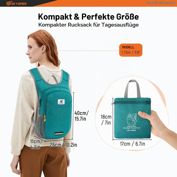 SKYSPER Faltbarer Rucksack 10L Ultraleicht Tagesrucksack Daypack Wanderrucksack Klein Outdoorrucksac