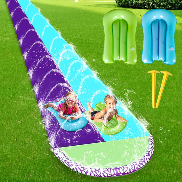 Wasserrutsche Garten für Kinder, 6.1*1.4M Aufblasbare Wasserrutsche mit 2 Bodyboards, Doppelte Wasse