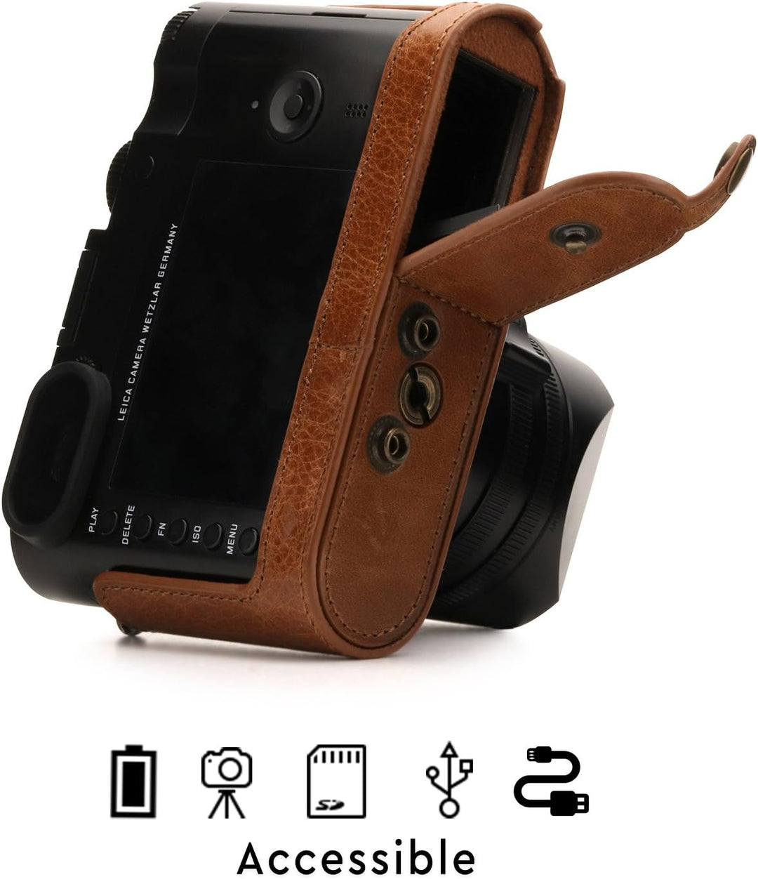 MegaGear MG1403 Leica Q-P, Q (Typ 116) Ever Ready Echtleder Kamera-Case mit Trageriemen - Braun, Bra