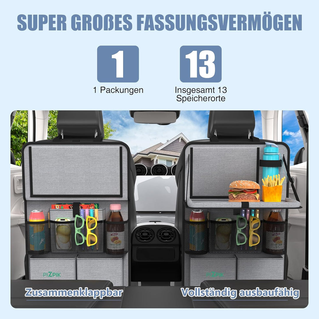 Plzpik Auto Organizer,2 Grosse Rückenlehnenschutz,Autositz Organizer Kinder mit Klapptisch, 12 Tasch