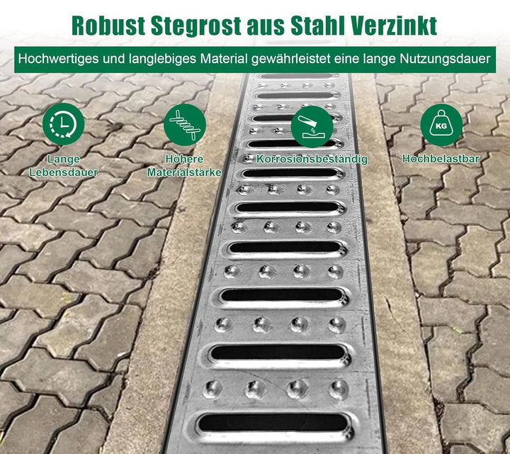1m Set Entwässerungsrinne mit Abdeckrost aus Stahl Verzinkt - Aussenmass 1000 x 155 x 140 mm - Boden
