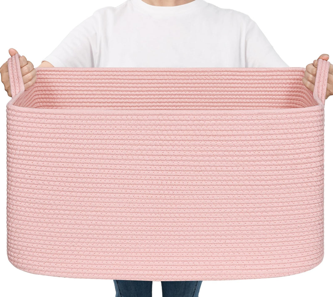 TIMEYARD Deckenkorb Gross Aufbewahrungskorb Geflochten 55x38x30cm Rosa | Grosser Korb für Spielzeug,