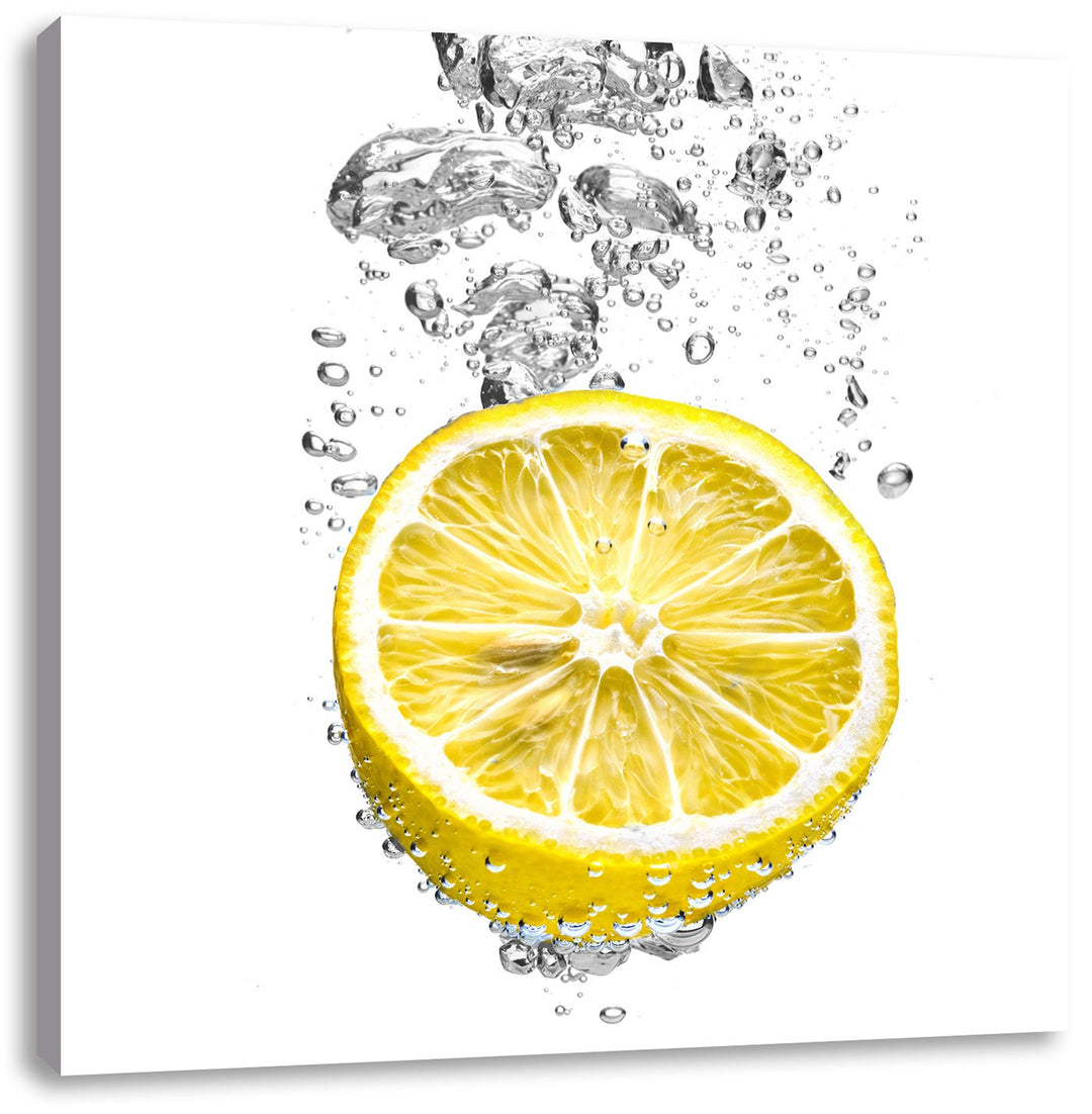 Pixxprint ins Wasser gefallene Zitrone als Leinwandbild Quadratisch/Grösse: 70x70 / Wandbild/Kunstdr
