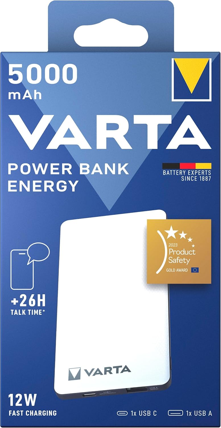 VARTA Power Bank 5000mAh, Powerbank Energy mit 2 Anschlüssen (1x USB C, 1x USB A), kompatibel mit Ta