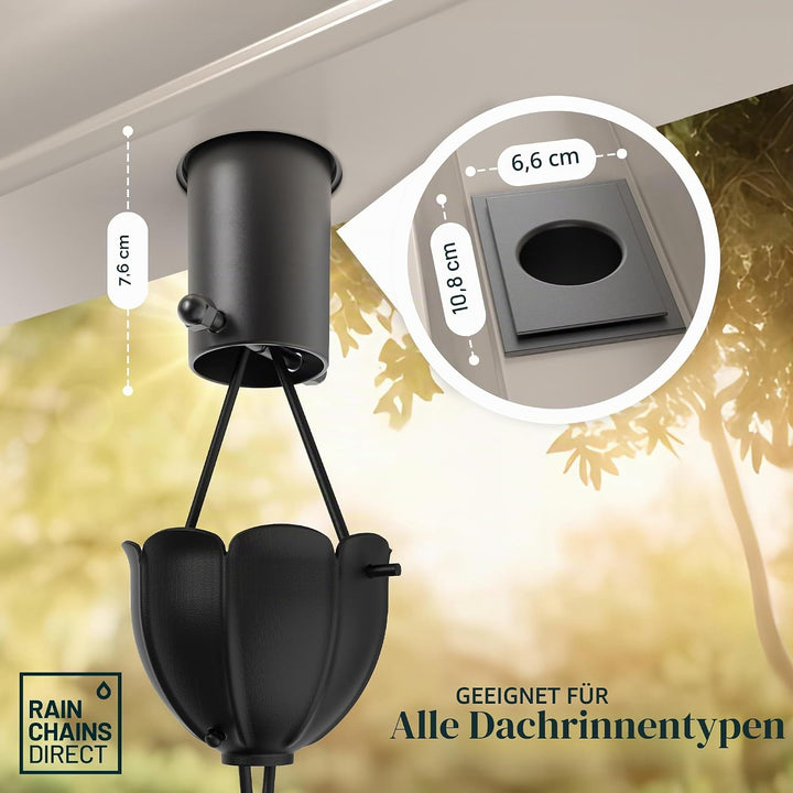 Rain Chains Direct - Regenketten-Dachrinnen-Adapter/Installationsgerät aus schwarzem, pulverbeschich