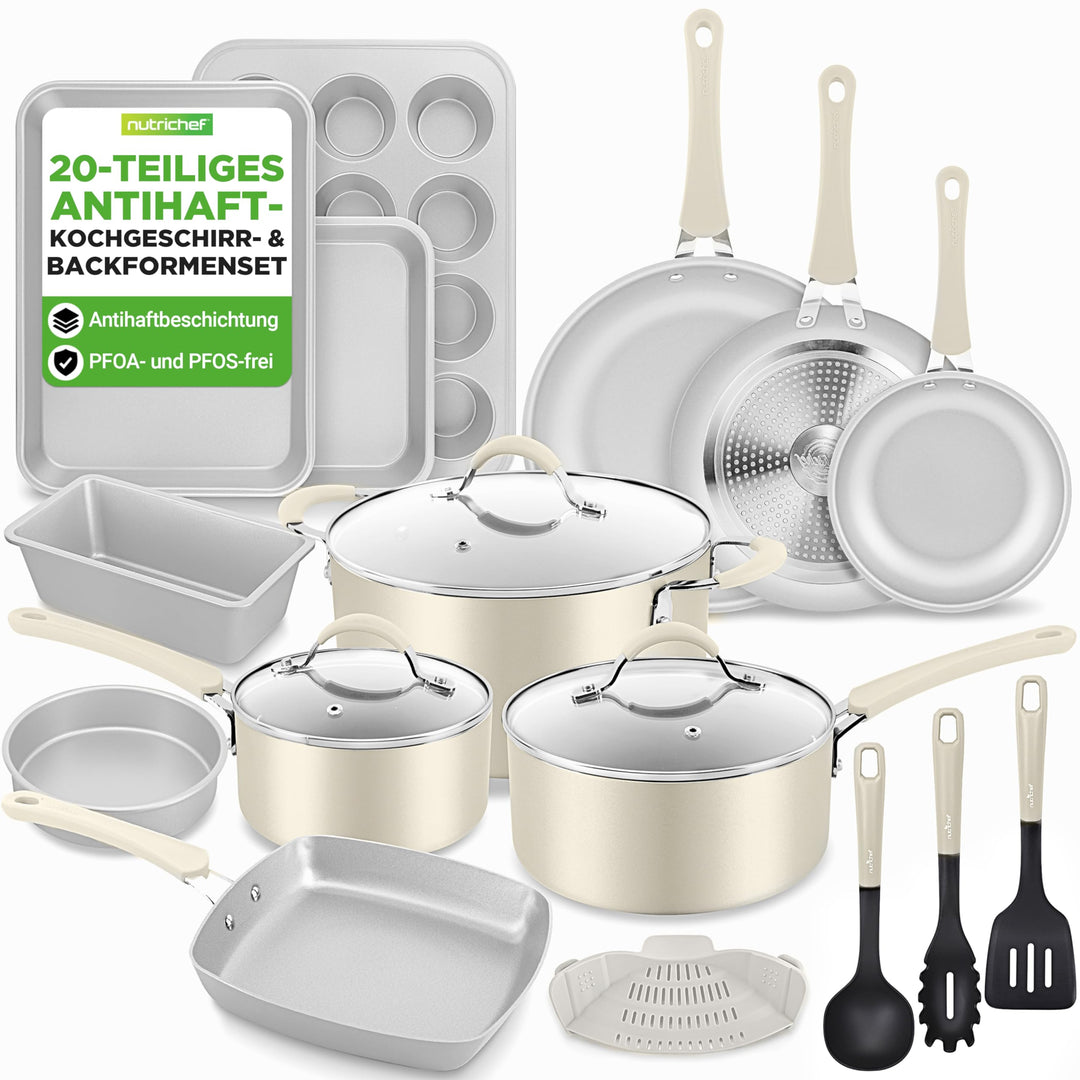 NutriChef Topf- & Pfannenset Induktion 20-teilig Weiss – Antihaft-Kochgeschirr mit Deckeln & Backfor
