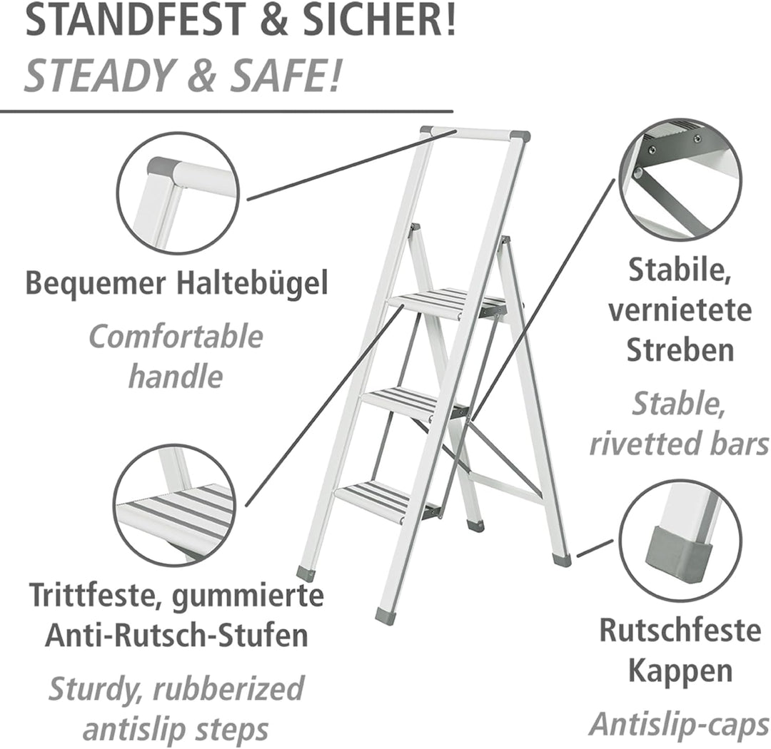 WENKO Leichte Aluminium Trittleiter mit 3 Stufen für 75 cm höheren Stand, rutschsichere XXL-Stufen,