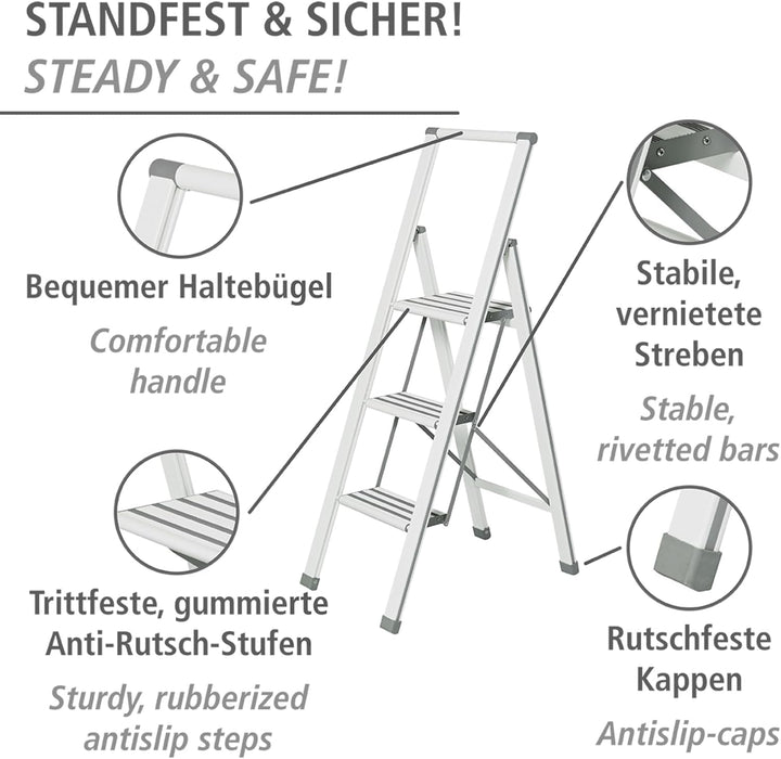WENKO Leichte Aluminium Trittleiter mit 3 Stufen für 75 cm höheren Stand, rutschsichere XXL-Stufen,