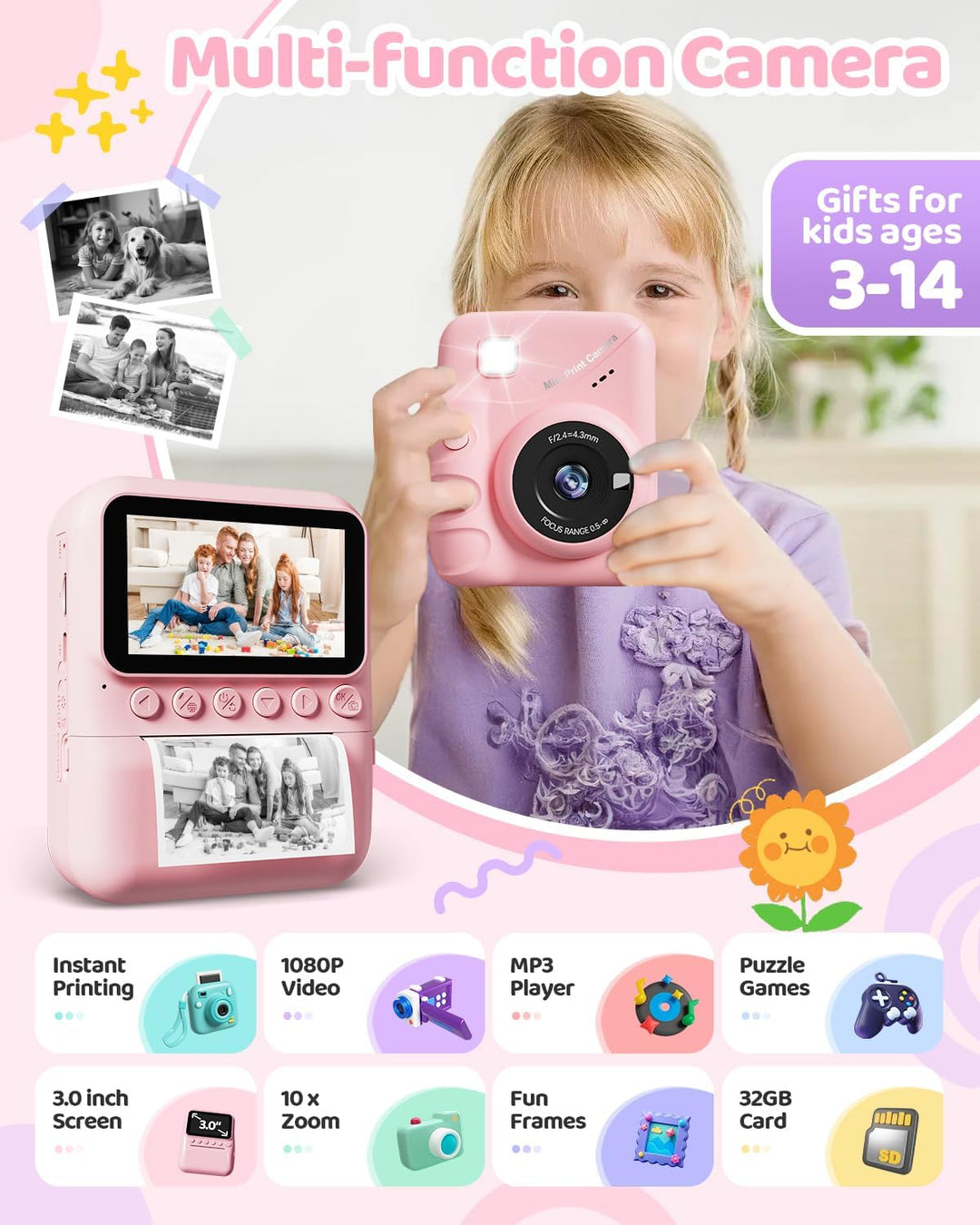 Kinderkamera Sofortbildkamera, 48MP 3.0 Zoll Sofortbildkamera Kinder mit 32G Karte & 3 Rollen Druckp