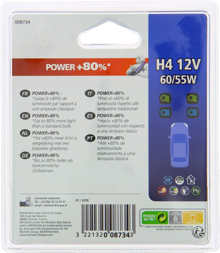 Michelin 008734 Power +80% 2 Glühbirnen H4 12V 60/55W