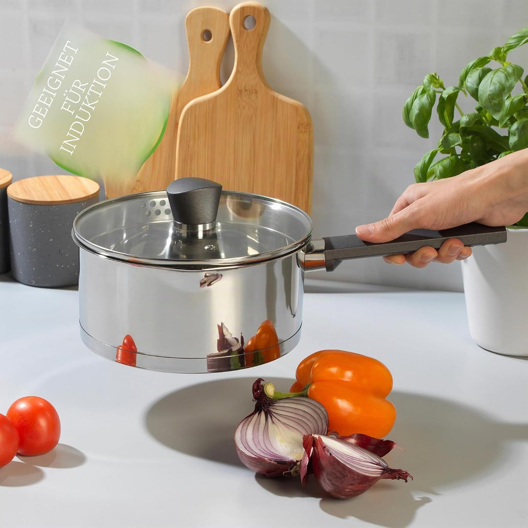 Russell Hobbs RH01163EU Excellence 18cm stieltopf mit deckel, 2L Kochtopf stieltopf mit Glasdeckel,